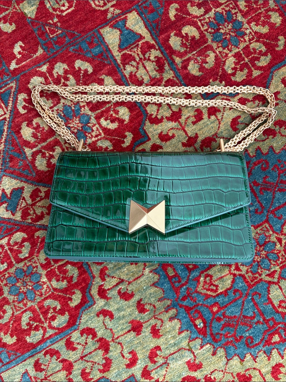 Mac Duggal Deep Green Croc-Embossed Crossbody with Gold Hardware
